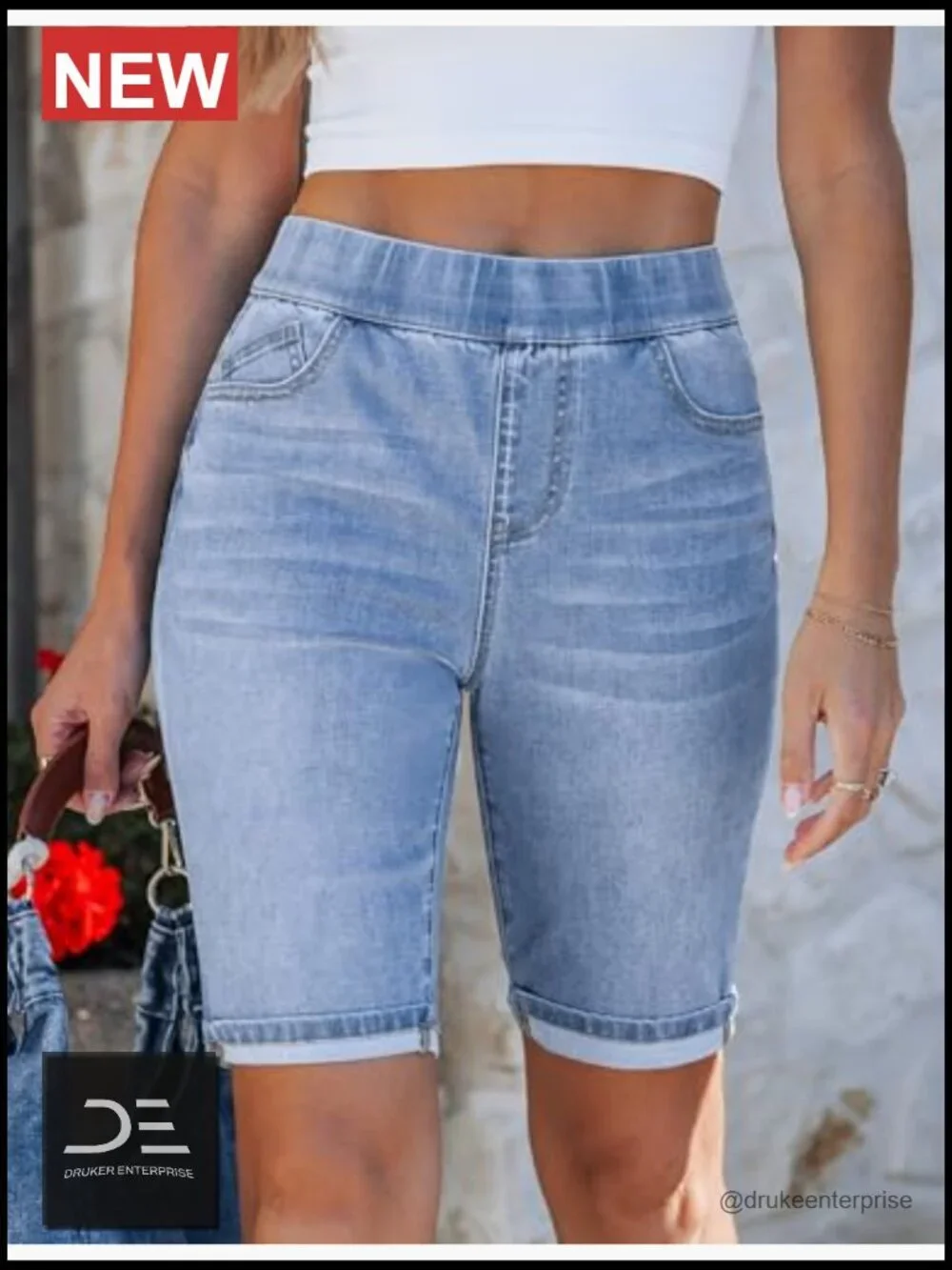 High Waisted Pull On Elastic Waist Denim Bermuda Shorts 10